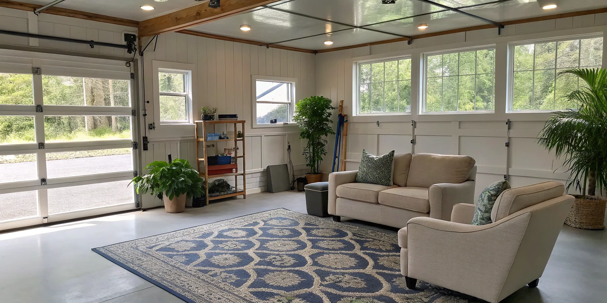 Garage conversion permit required for finished living space with furniture and plants.