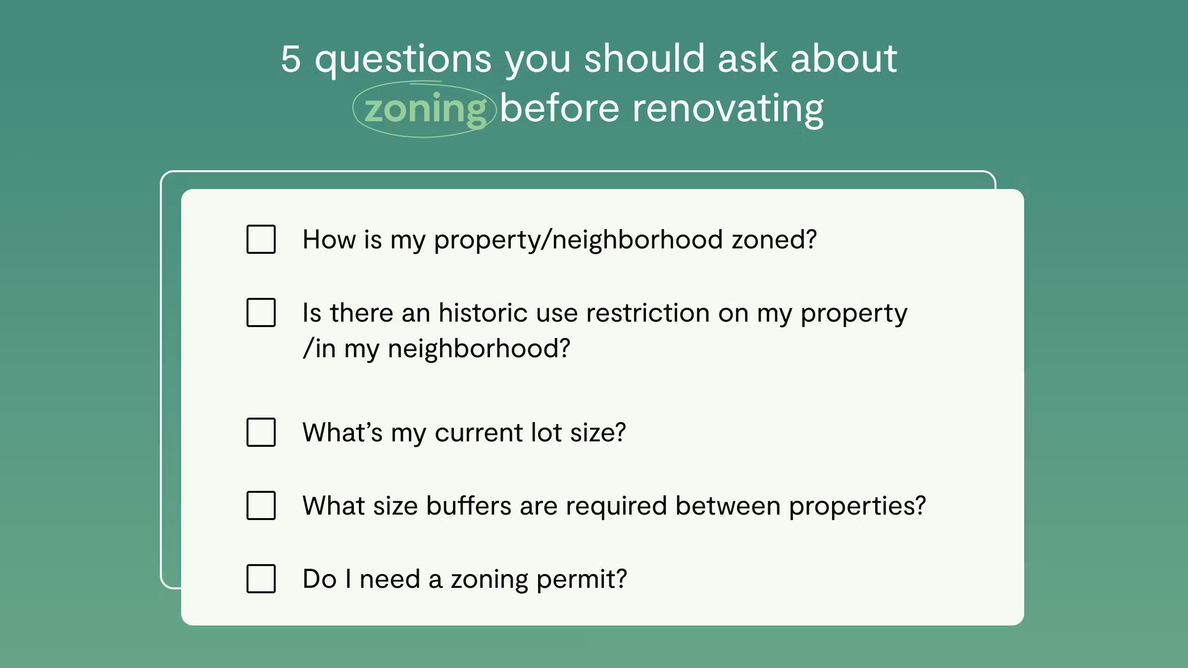 A graphic listing five zoning questions to ask before renovating, including permits, restrictions, lot size, and property buffers.