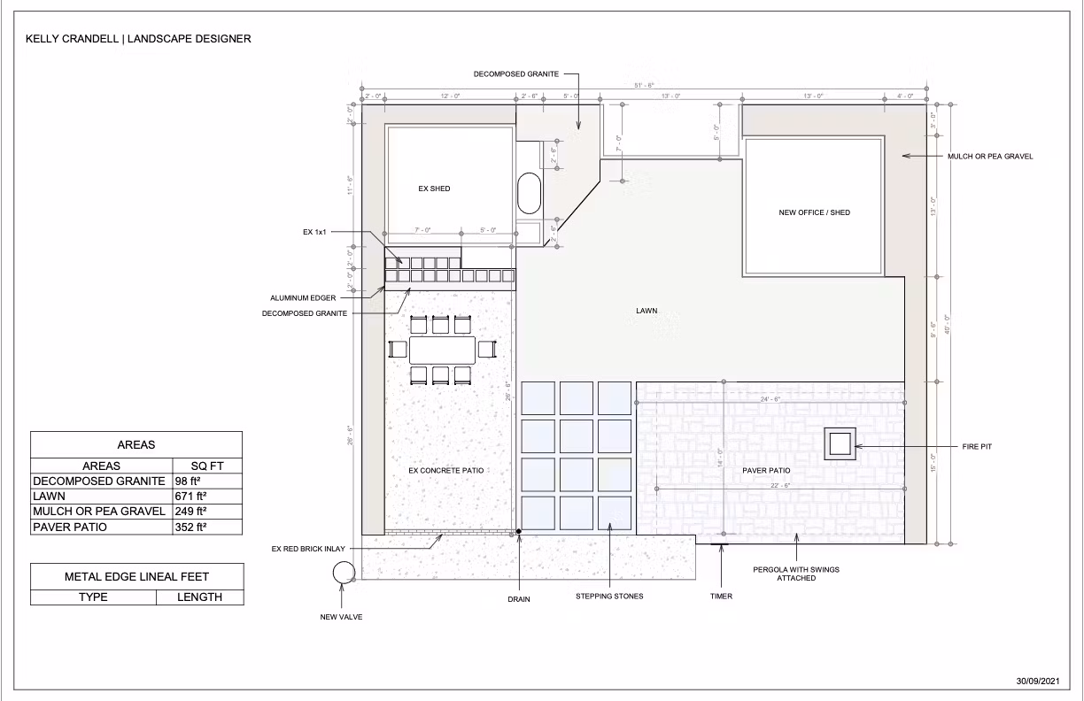A landscape design plan showing lawn, patio, fire pit, shed, and material layout with labeled measurements and areas.