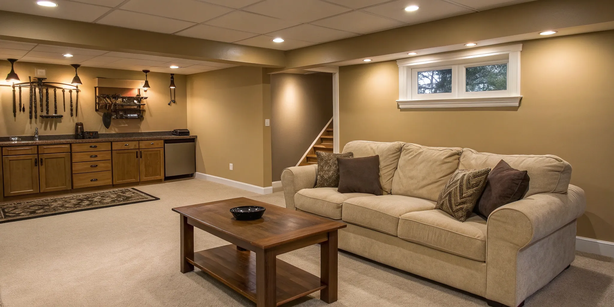 Finished basement with wet bar and comfortable seating.