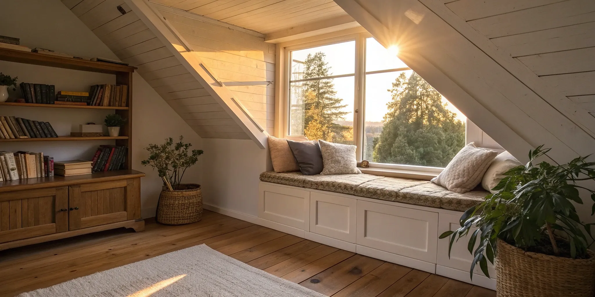 Finished attic conversion with window seat and storage.