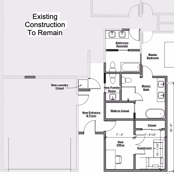 Floor plan layout showing a bathroom remodel, new powder room, laundry closet, entrance, and master suite with walk-in closet and bath.