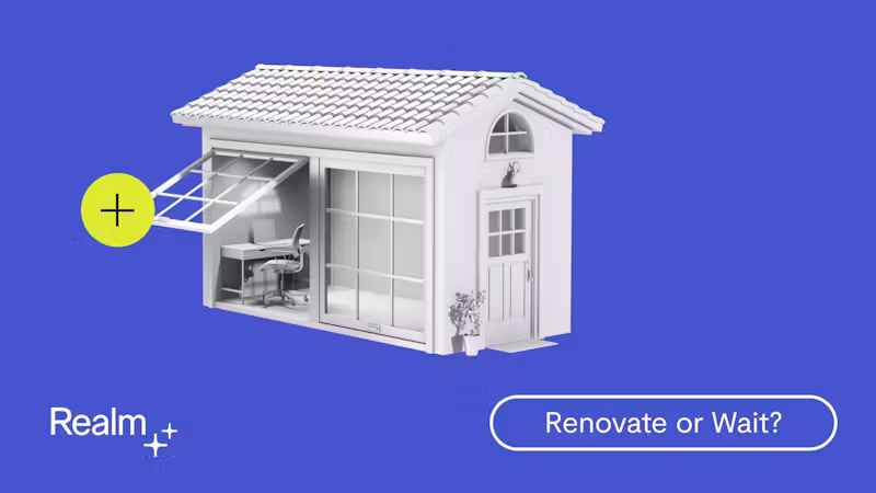 Illustration of a small house with a modern office inside, featuring the text “Renovate or Wait?” and Realm branding.