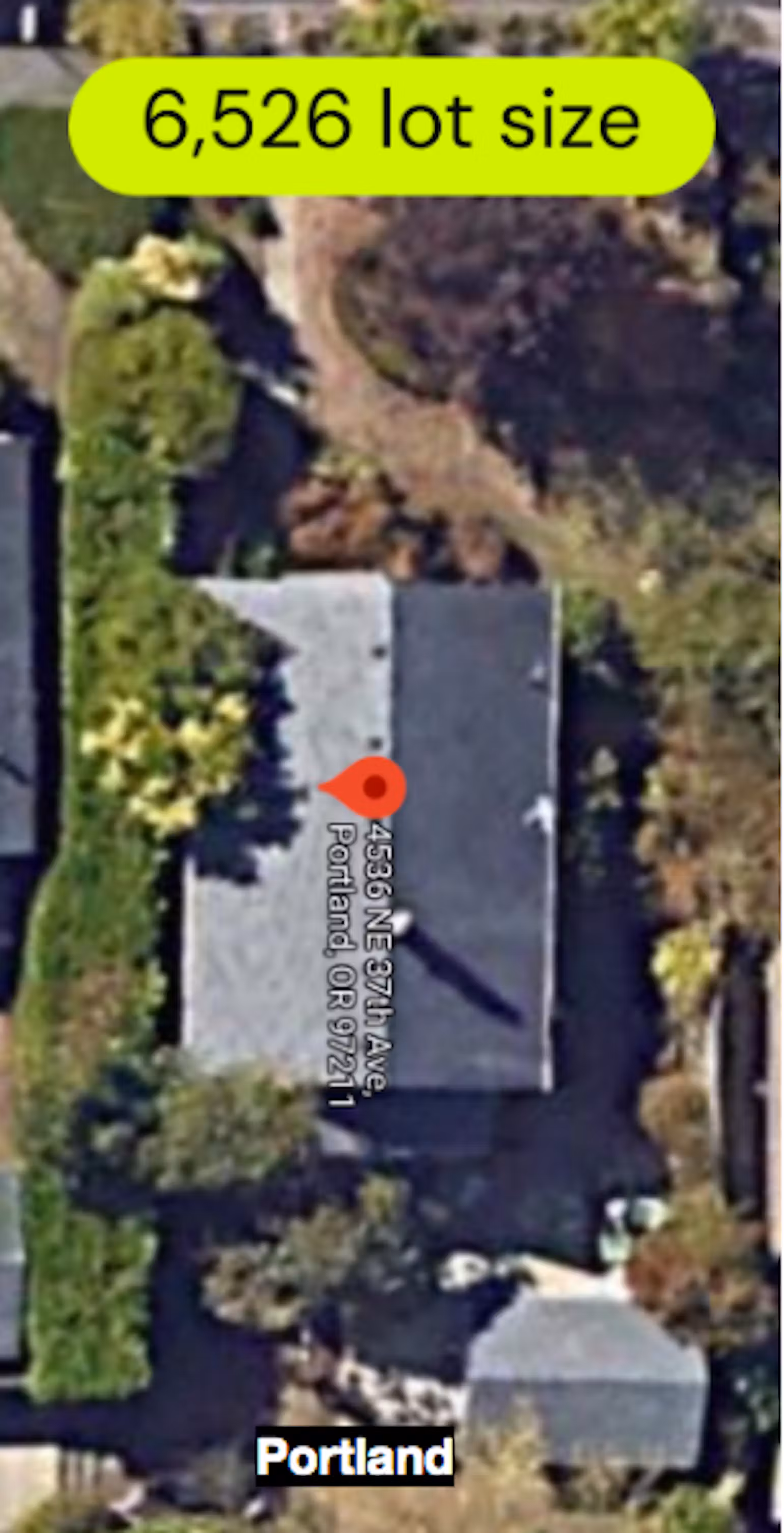 Aerial view of a Portland property lot labeled as 6,526 square feet.