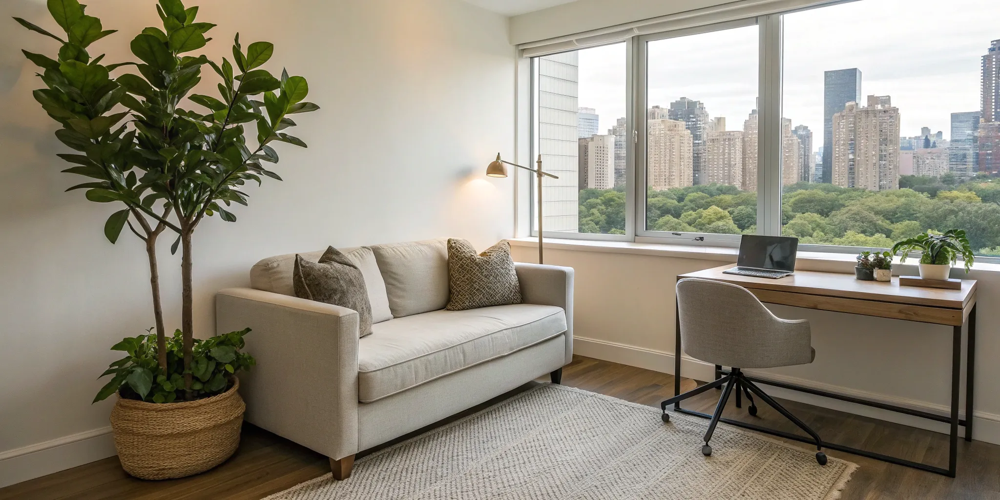 Bright, modern 200 sq ft studio with sofa and desk.