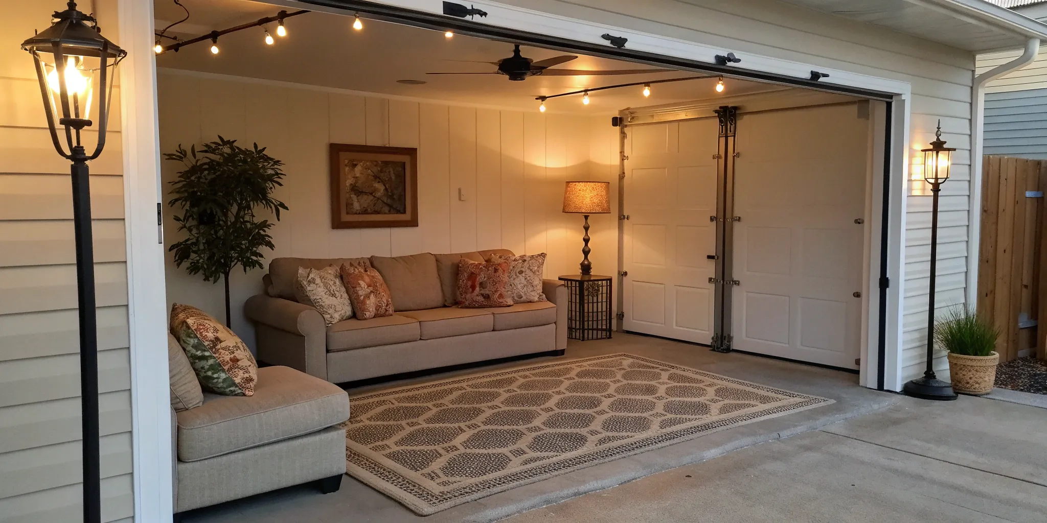 Cozy living room converted from a garage.
