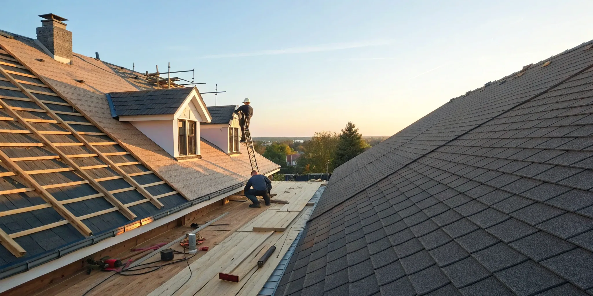 New roof installation at sunset.
