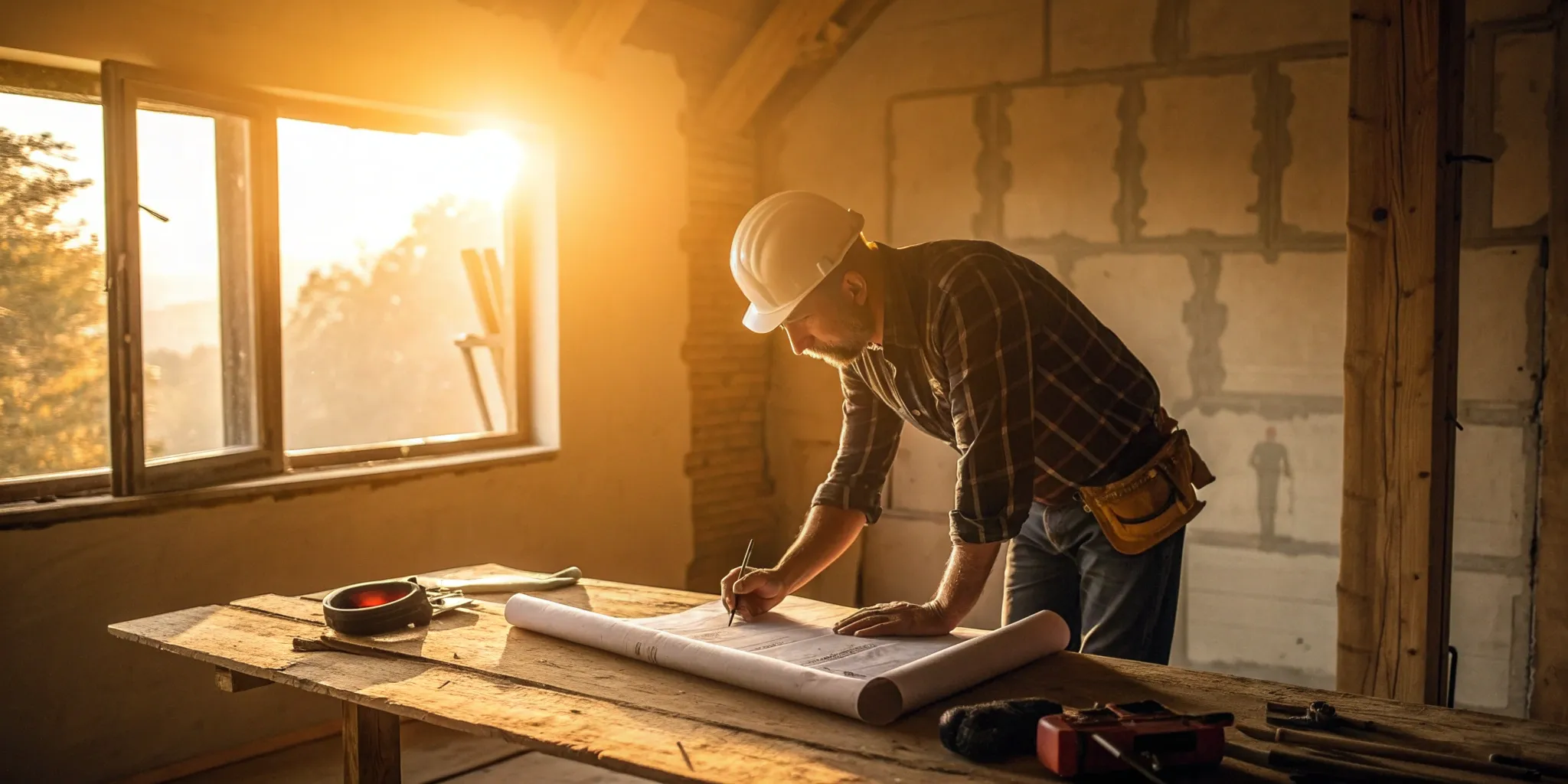 Contractor reviewing ADU blueprints.