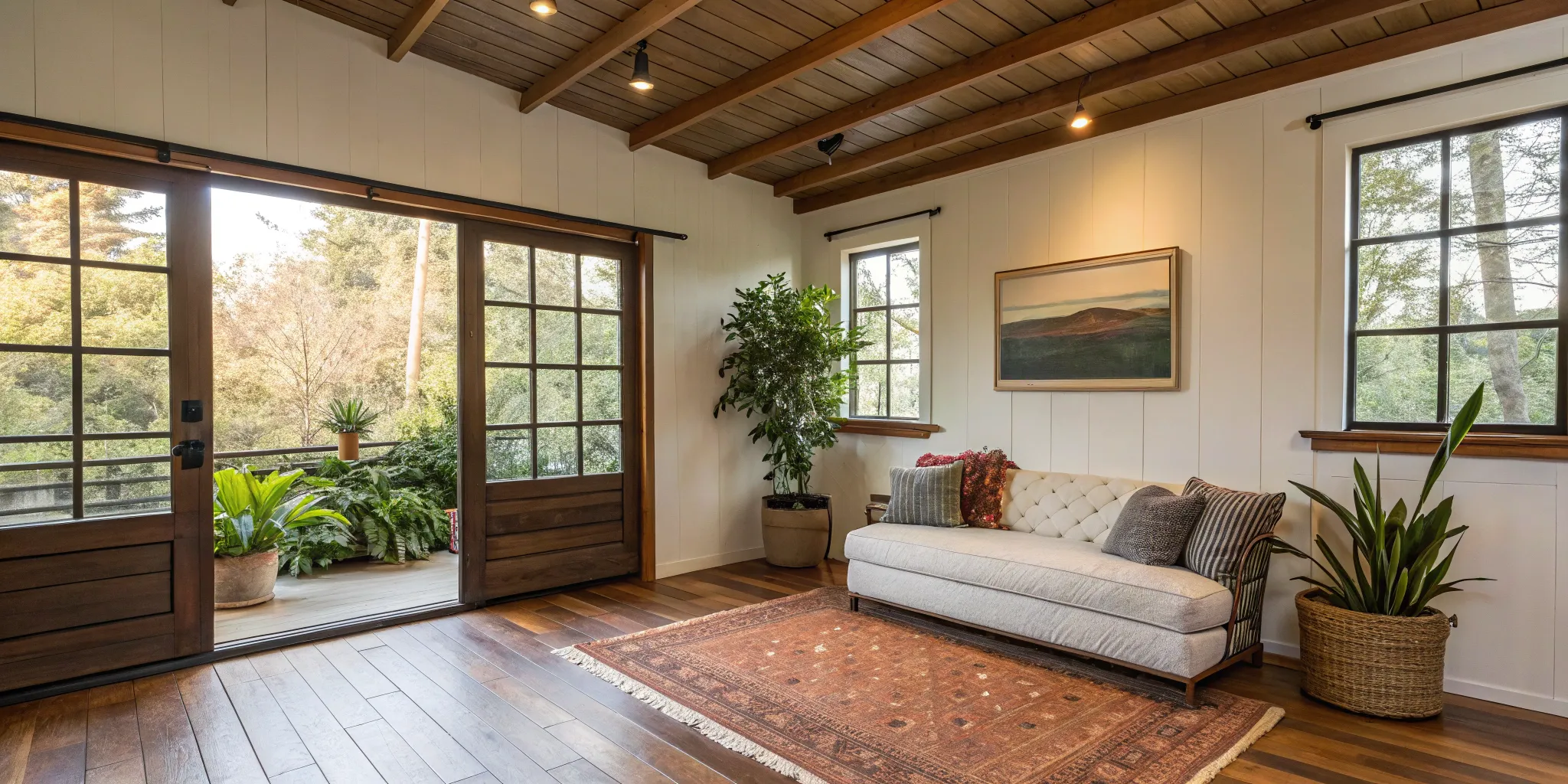 Garage conversion before and after: Bright, cozy living space with sofa, wood floors, and plants.