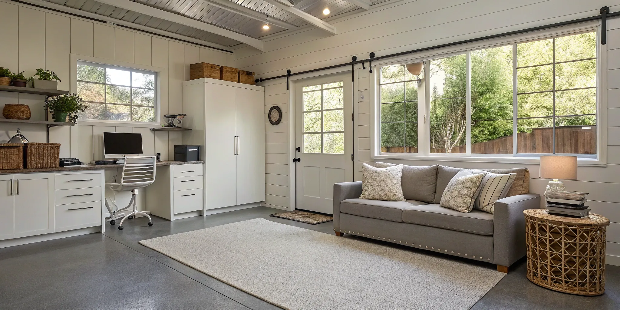 Single-car garage converted into bright home office with sofa and storage.
