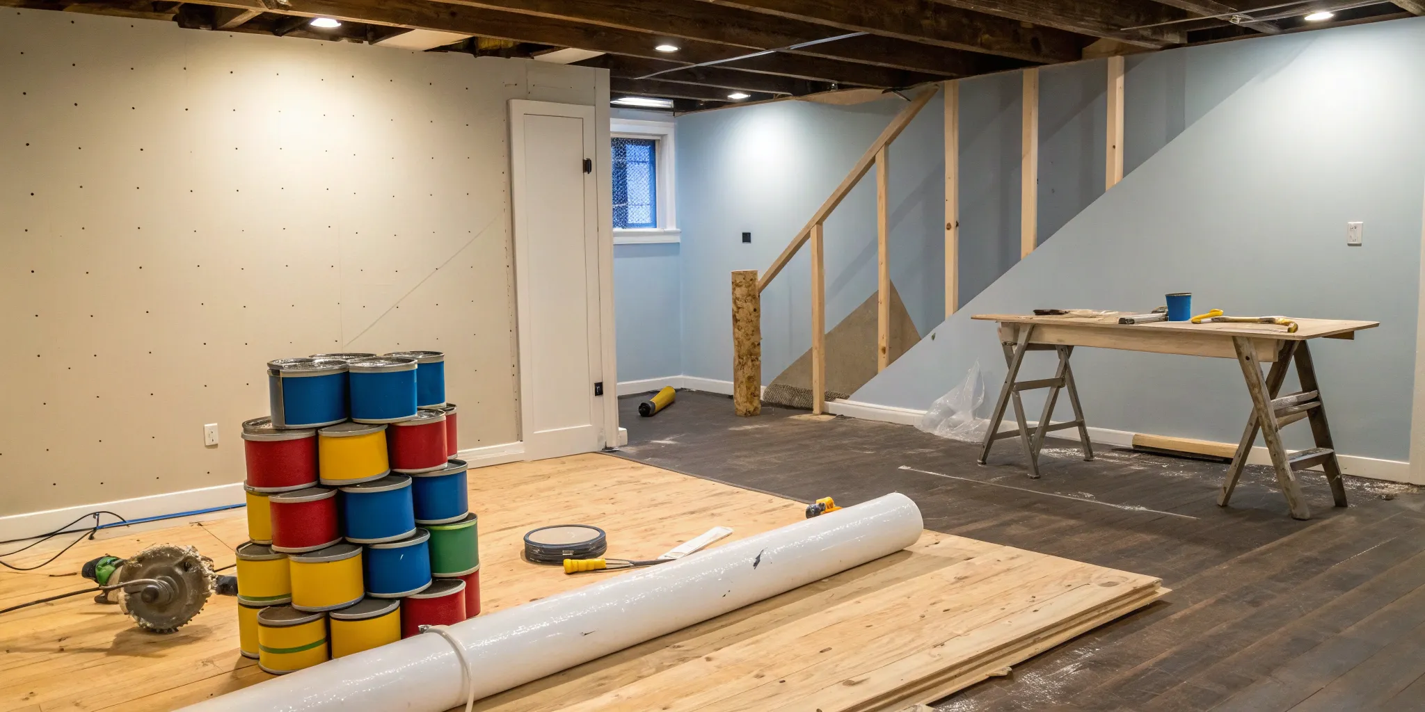 Unfinished basement with tools and paint cans.