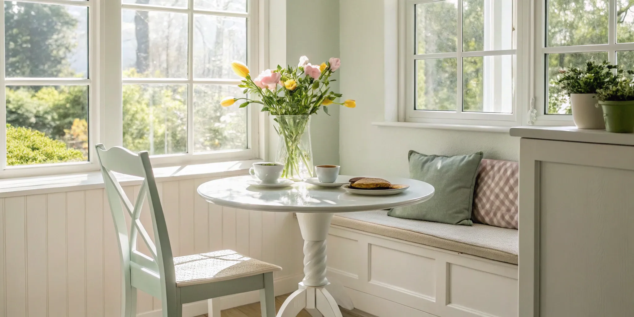 A budget kitchen renovation idea showing a bright nook with a white table, cozy bench, and fresh flowers.