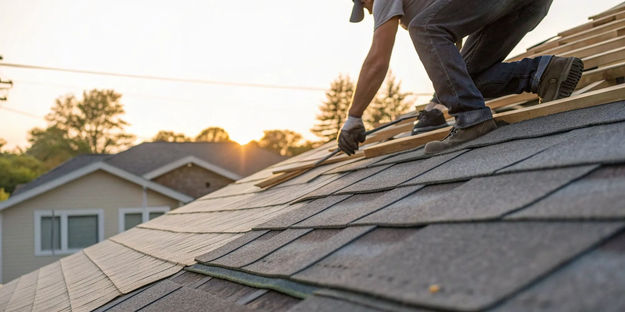 Roofer installing new shingles, a key factor in roof replacement cost.