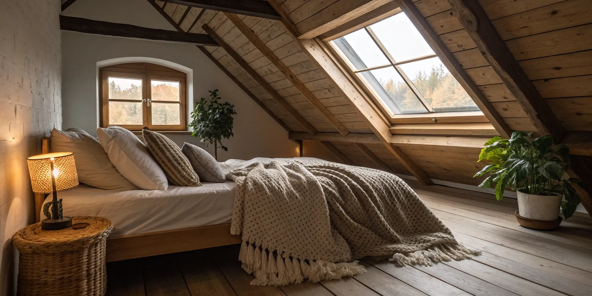 A cozy low ceiling attic bedroom idea with a skylight and exposed wooden beams.
