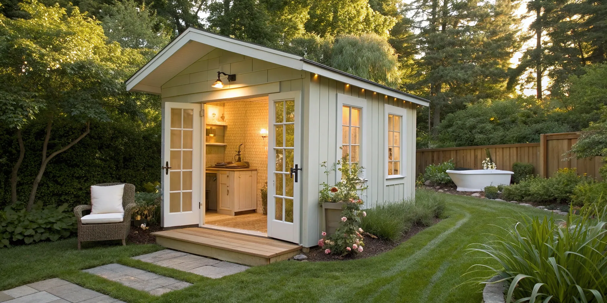 A modern studio shed with a full kitchen and bathroom, opening onto a landscaped yard.