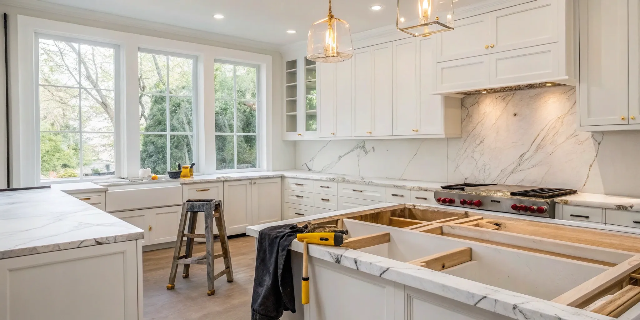 A kitchen remodeling contractor's tools on the counter during a renovation project.