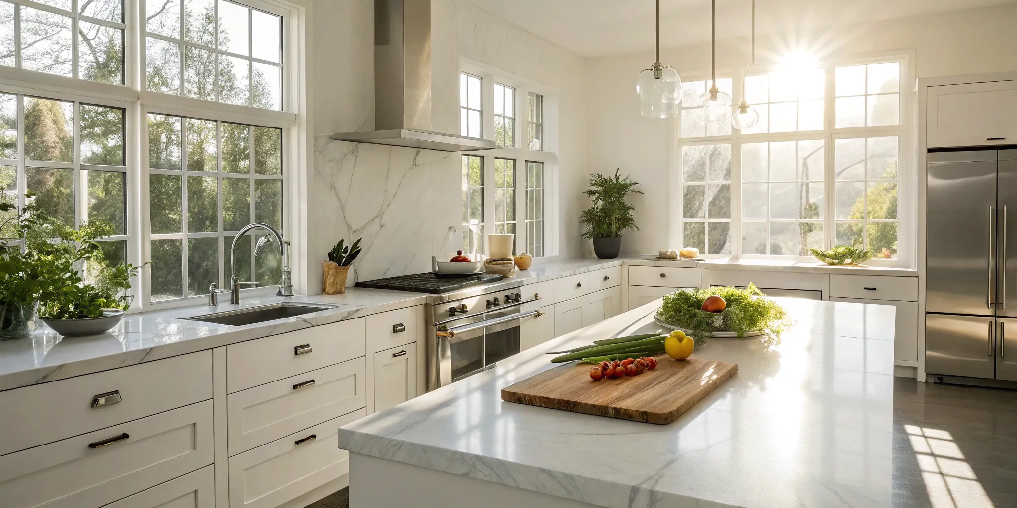 The result of a typical kitchen remodel cost: a modern kitchen with white cabinets and a marble island.