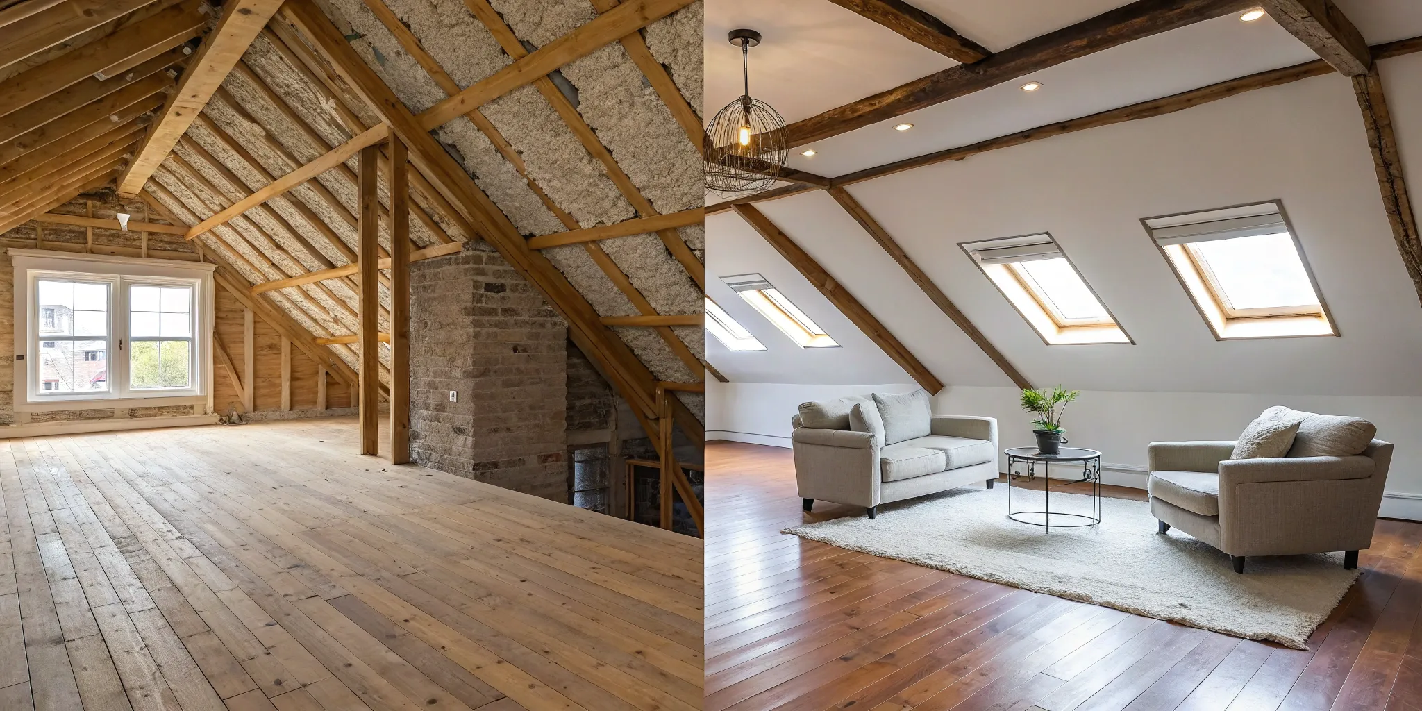 Before and after of a finished attic, converted into a bright and modern living space.