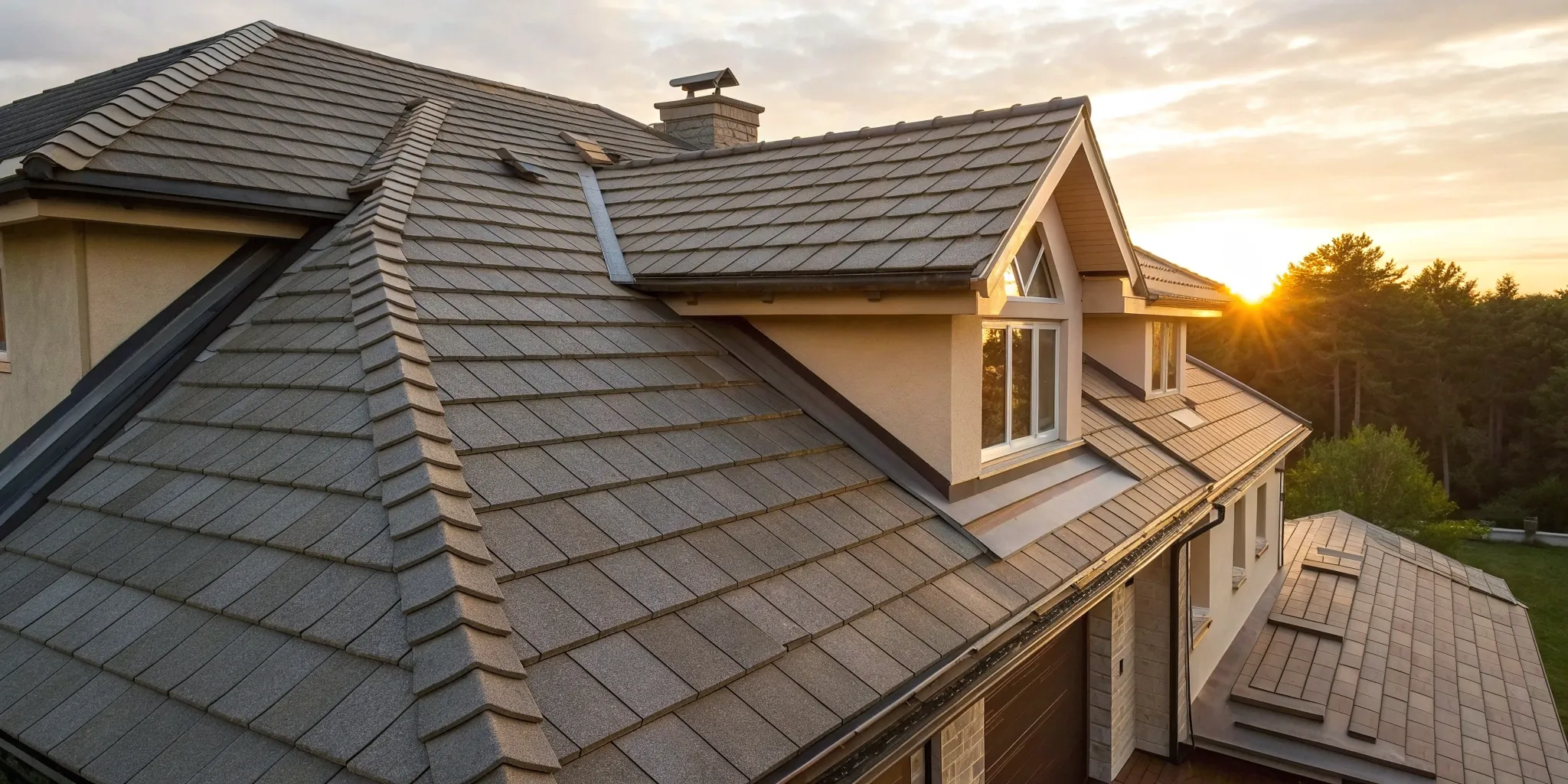 A new shingle roof on a modern home, a key factor in the total roof replacement cost.