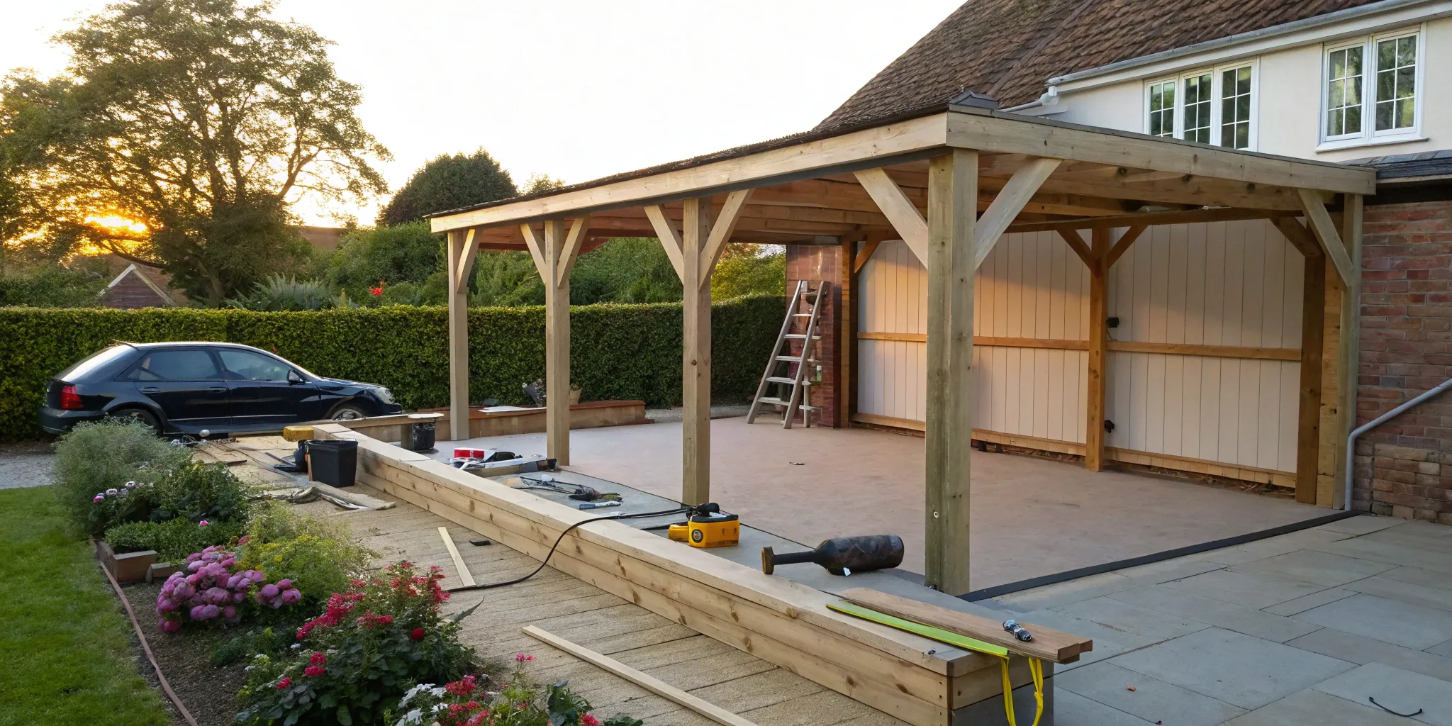 Carport during a garage conversion with framing and materials that influence the final cost.