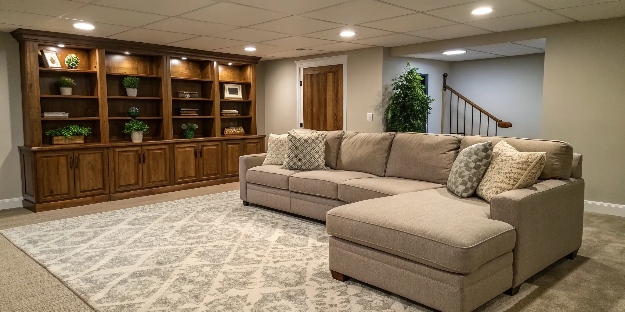 Modern finished basement with a sectional sofa, reflecting the average cost for basement finishing.