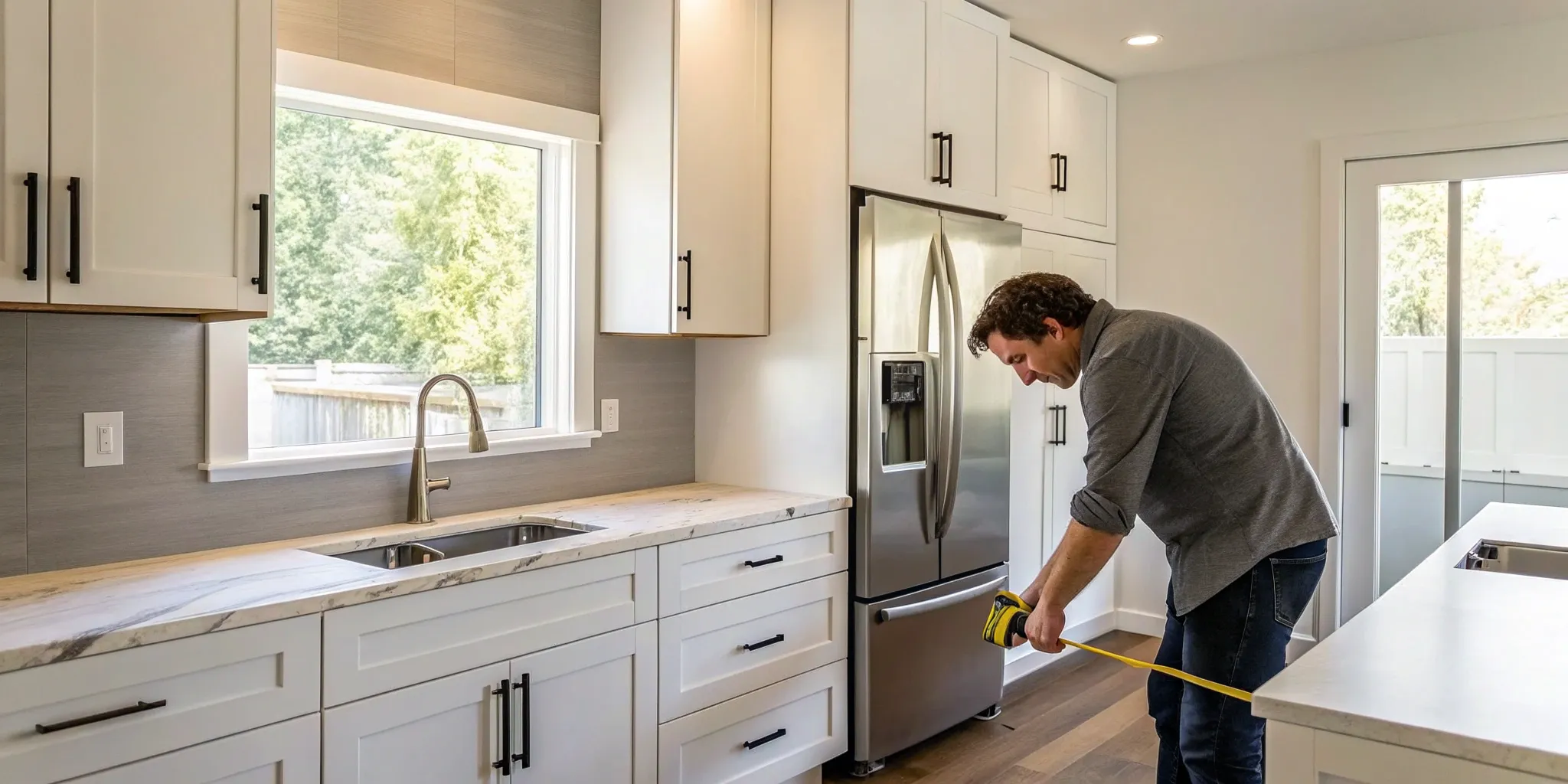 A man measures his kitchen before hiring one of the best kitchen remodel contractors.