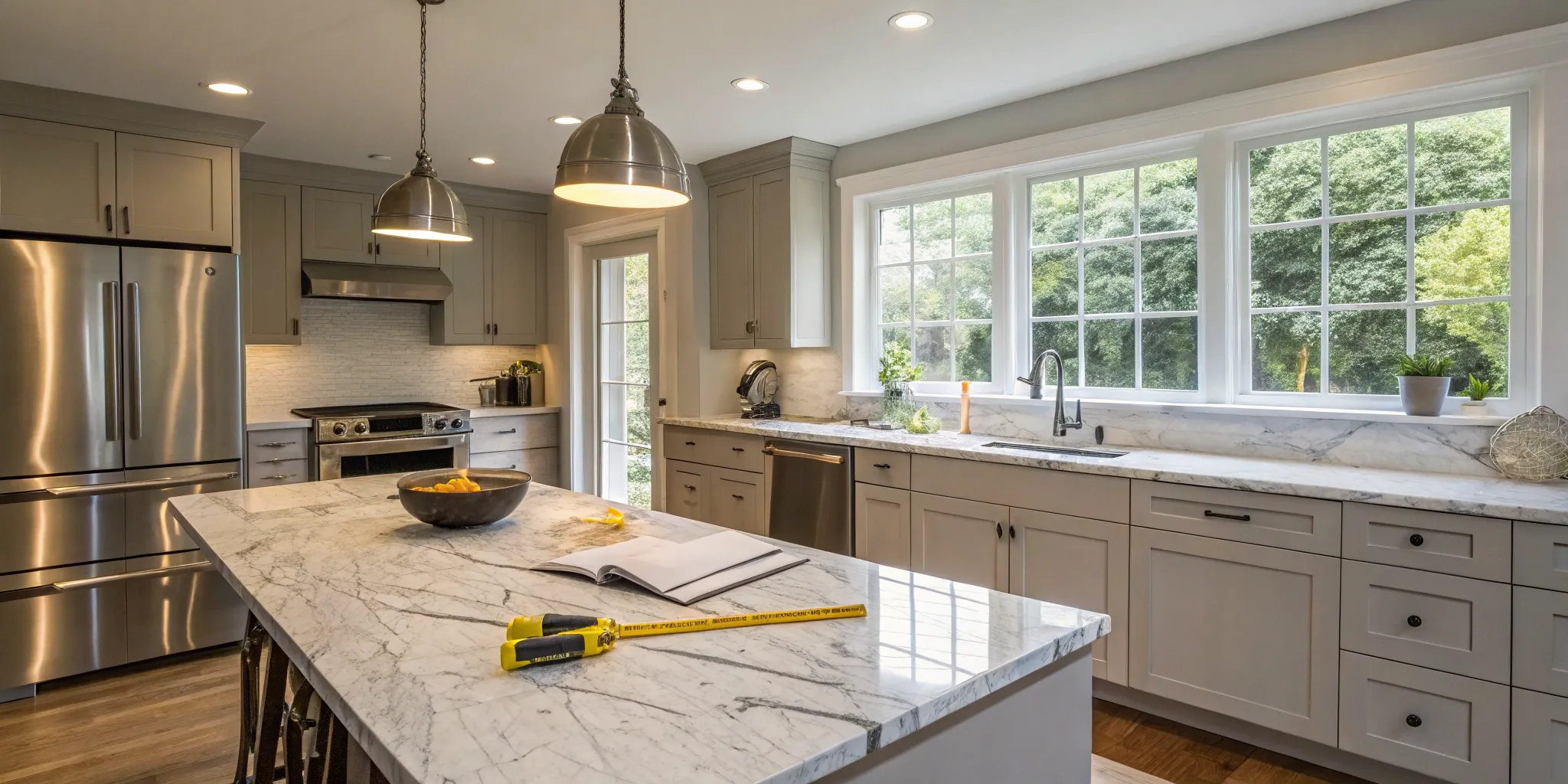 The cost of a small kitchen remodel with modern marble countertops and stainless steel appliances.