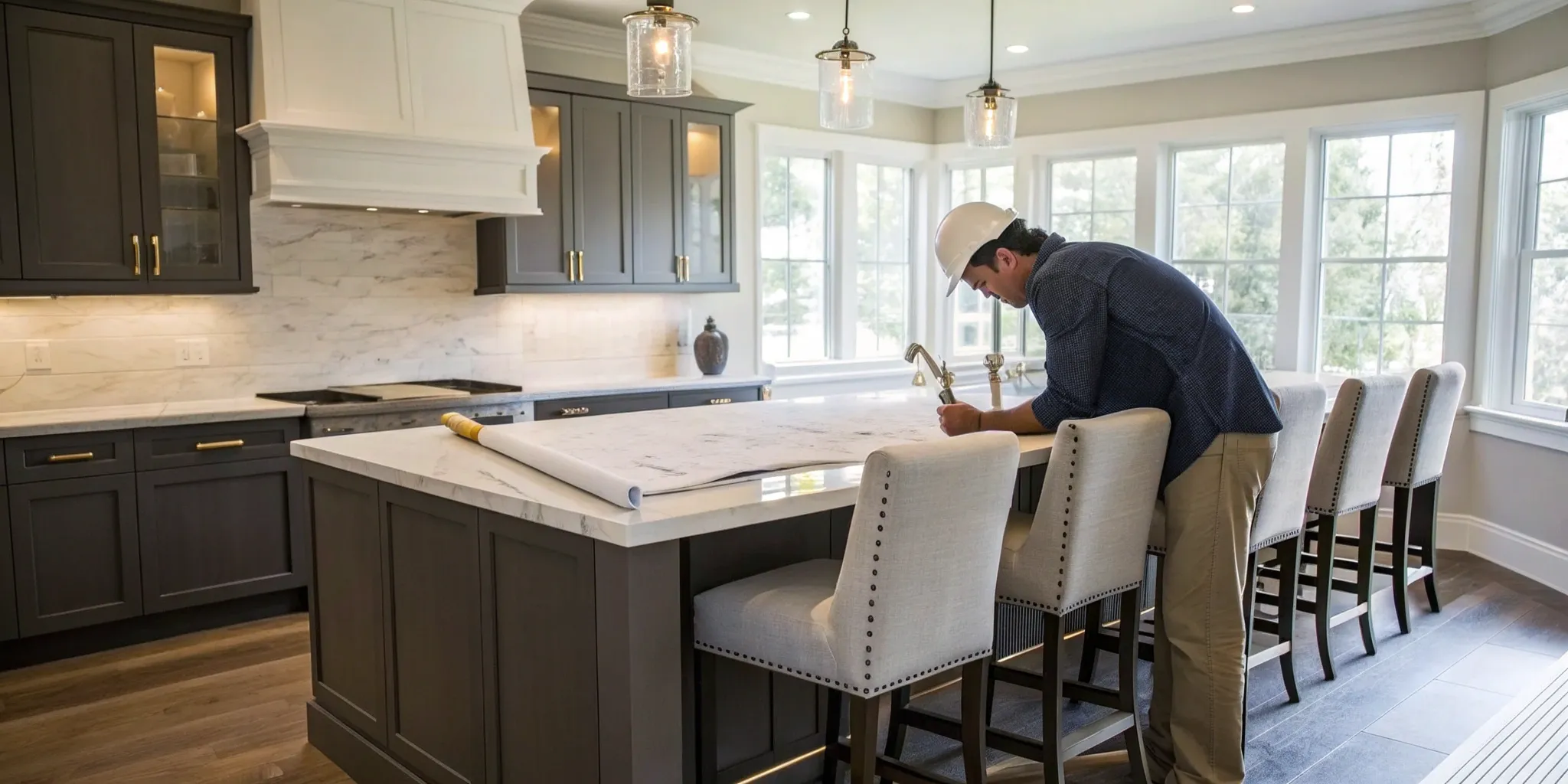 Kitchen and bath remodeling contractor reviewing blueprints in a modern kitchen.