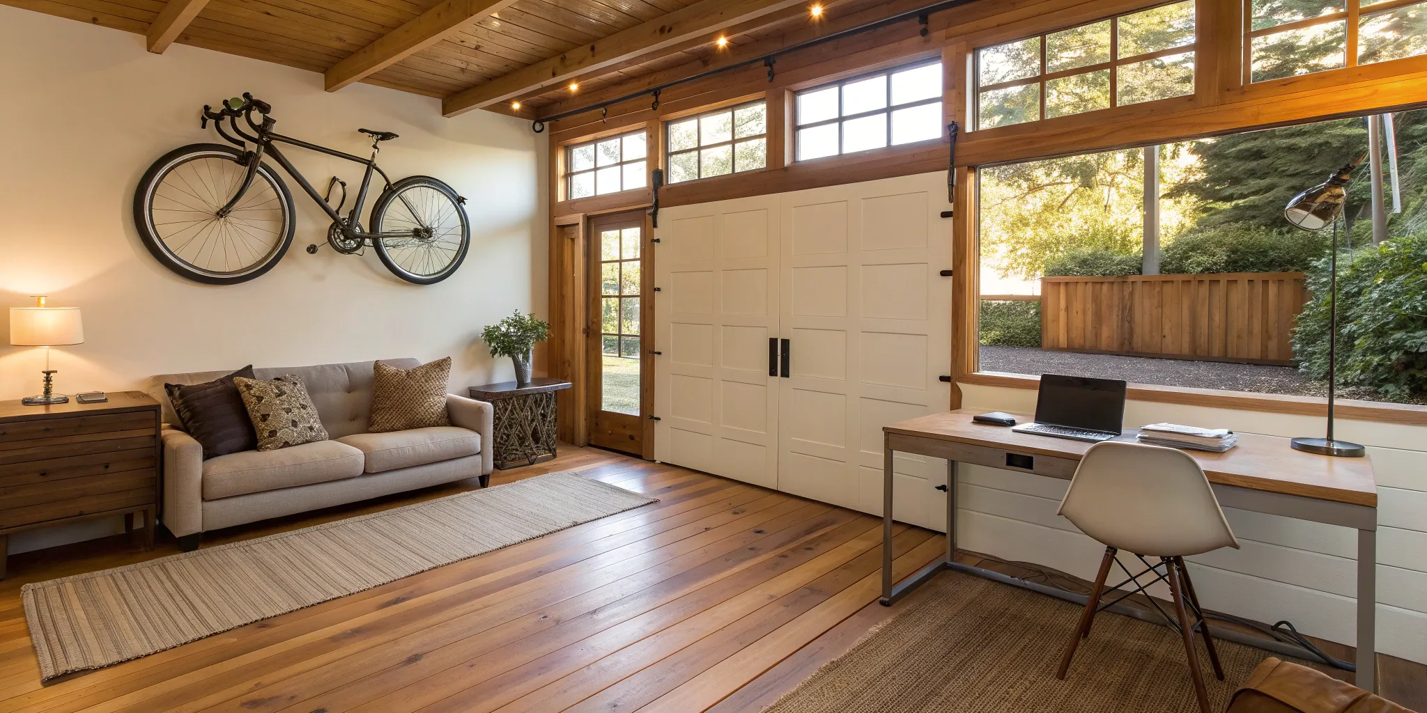 A modern garage conversion floor plan with a home office, seating area, and large windows.