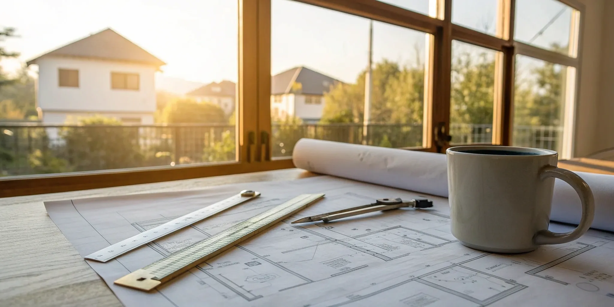 A general contractor's desk with blueprints for planning a house renovation.