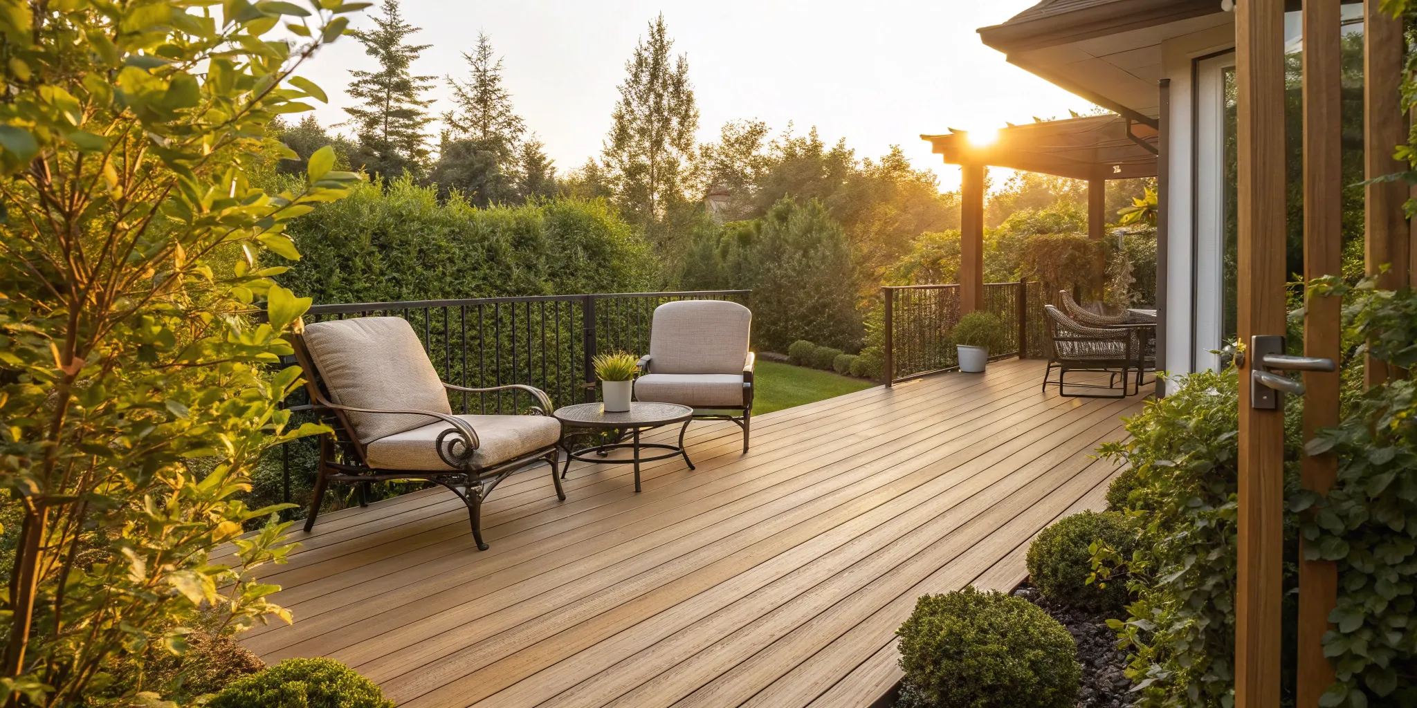 A finished backyard deck with outdoor furniture, a project impacting the total deck building cost.