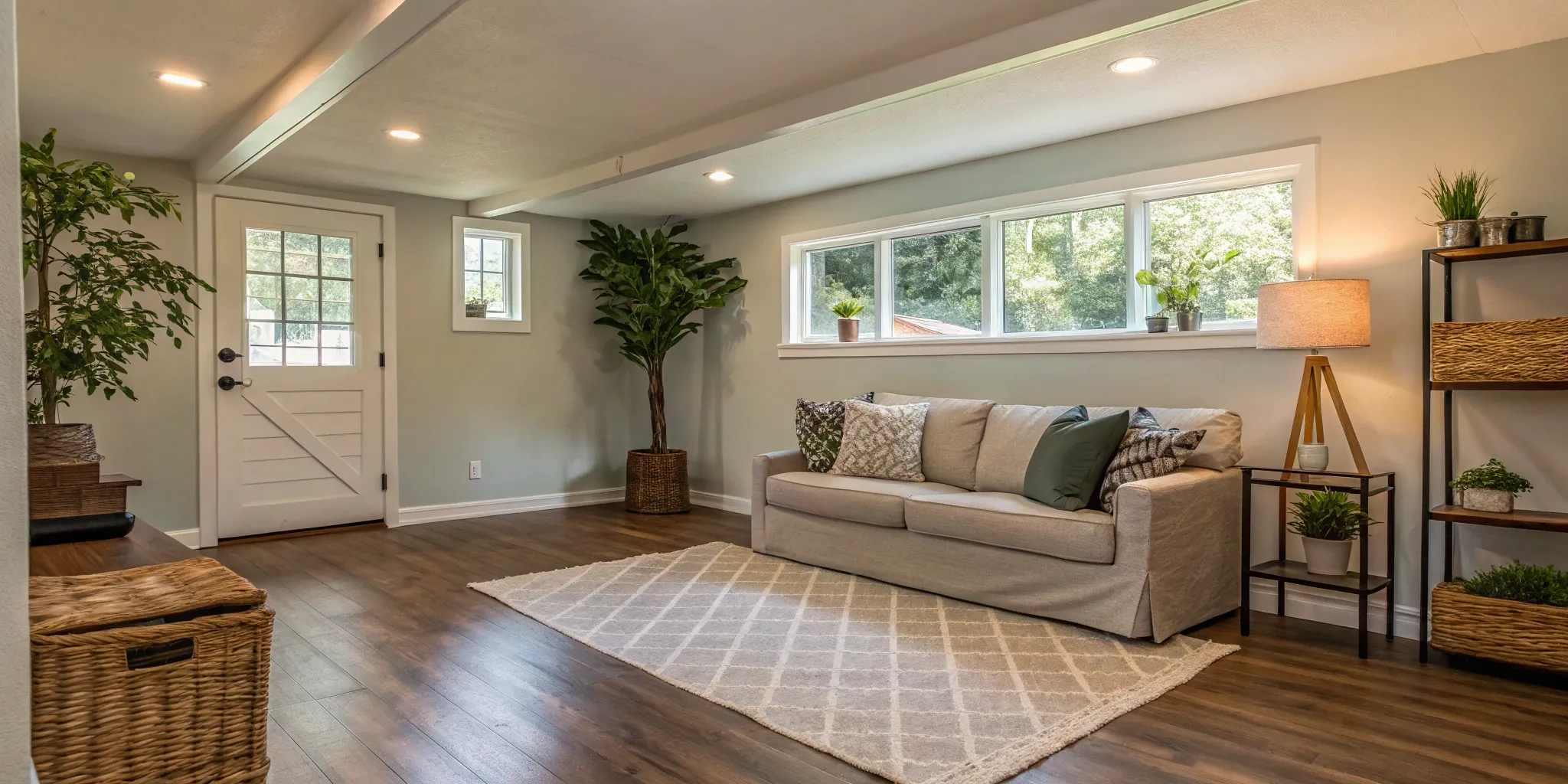 A modern living room showing the result of a garage to room conversion and the cost involved.