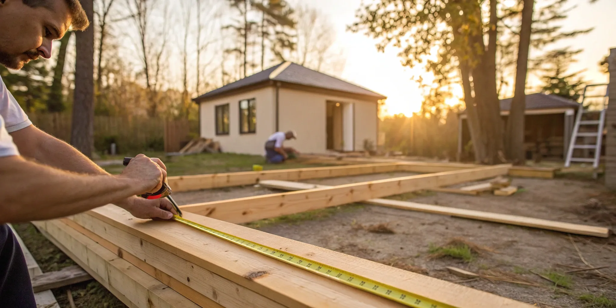 Man measuring lumber for the cheapest way to add an addition to his house.