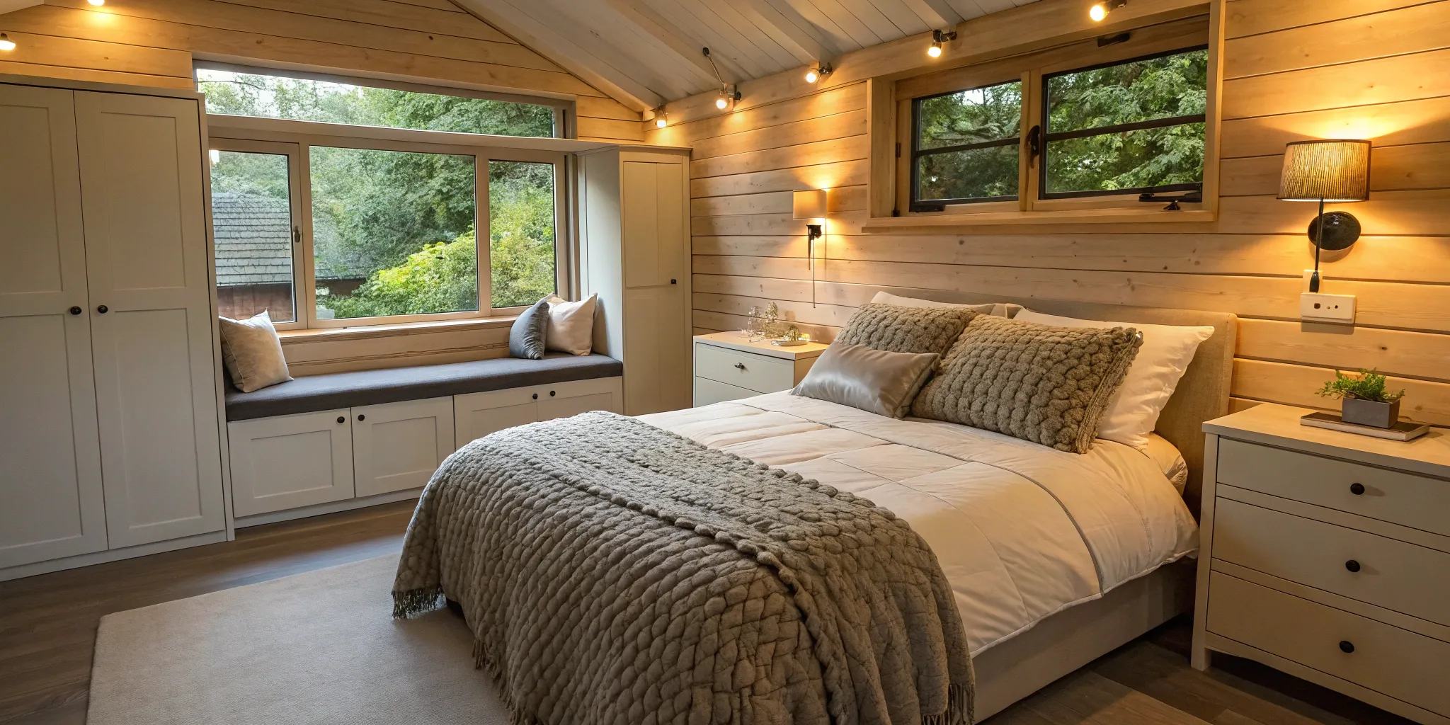 A modern garage conversion bedroom idea with wood paneling, large windows, and built-in storage.