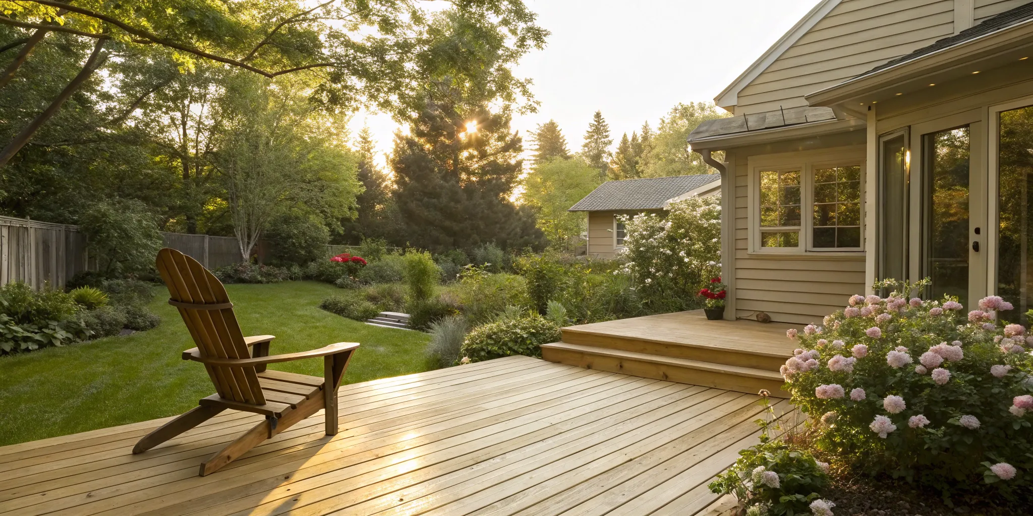 The average deck building cost for a new wood deck in a landscaped backyard.