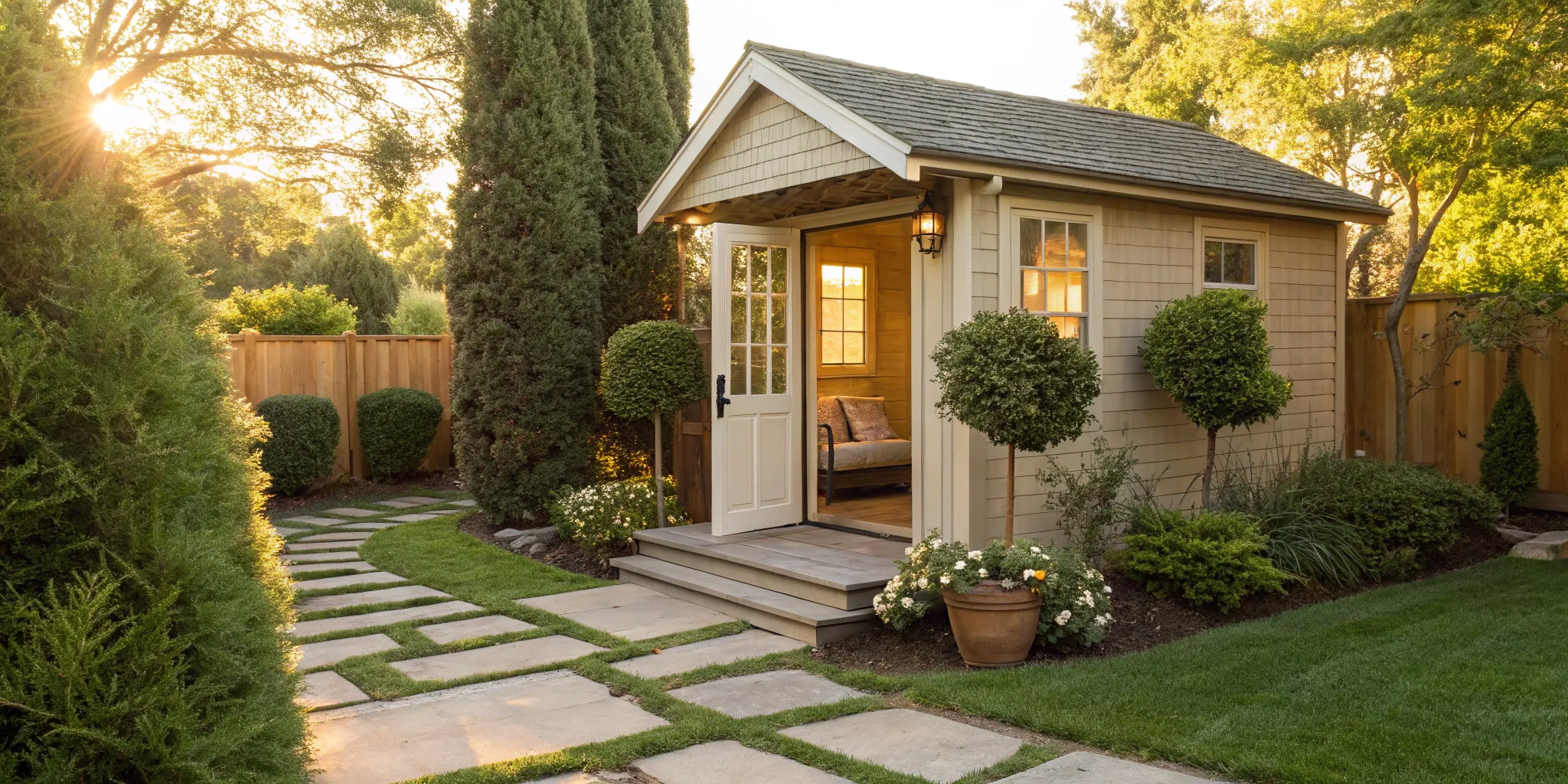 Guest shed with a bathroom and a small porch in a landscaped backyard.