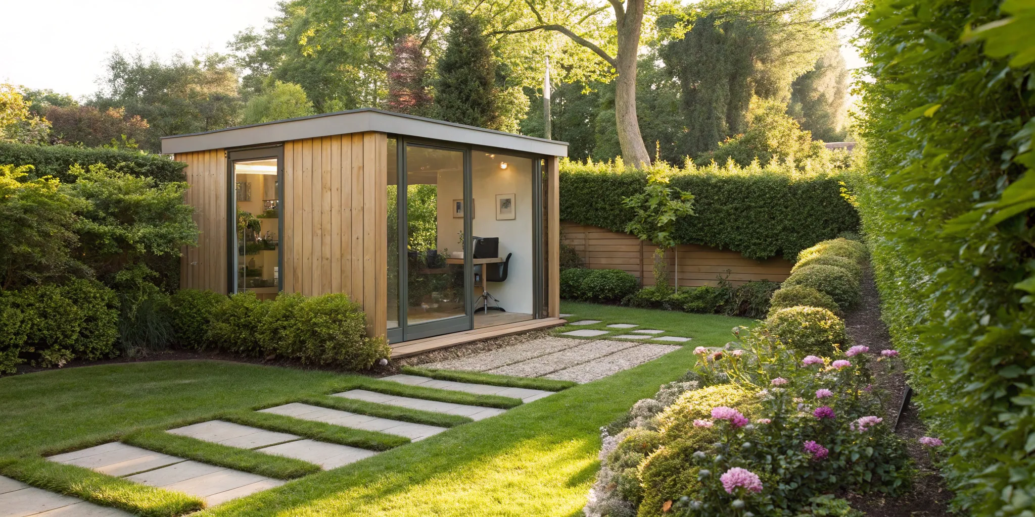 A modern backyard office pod with glass doors sits in a lush, landscaped garden.