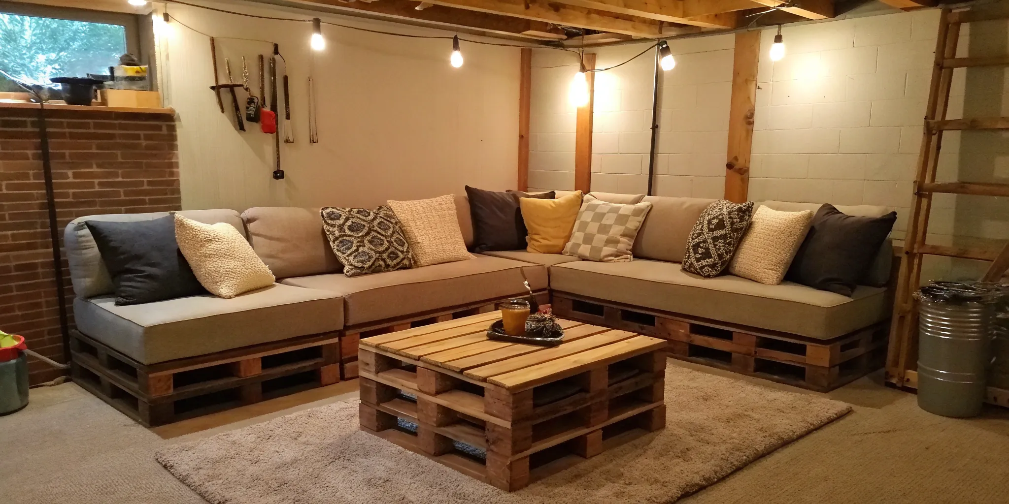 A finished basement lounge using low cost ideas like pallet furniture and warm string lighting.