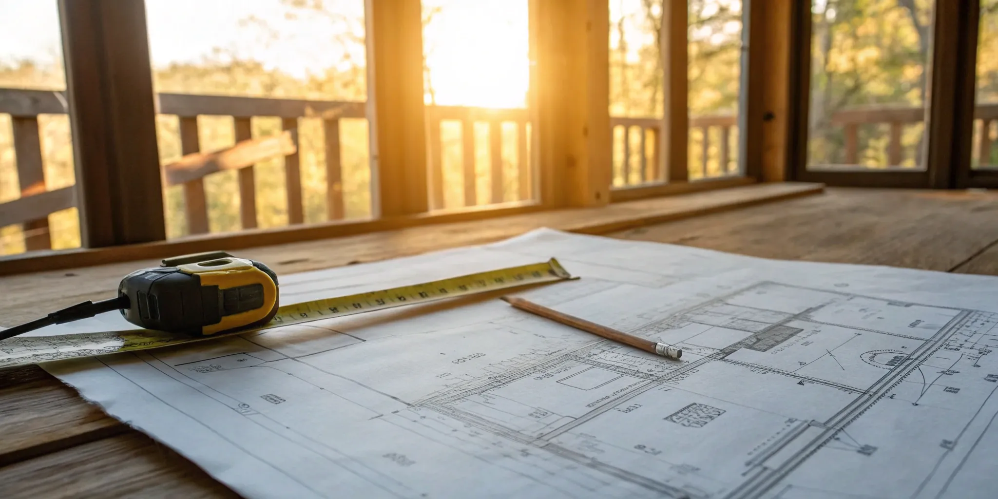 Calculating deck building permit cost with architectural plans, a pencil, and a tape measure.