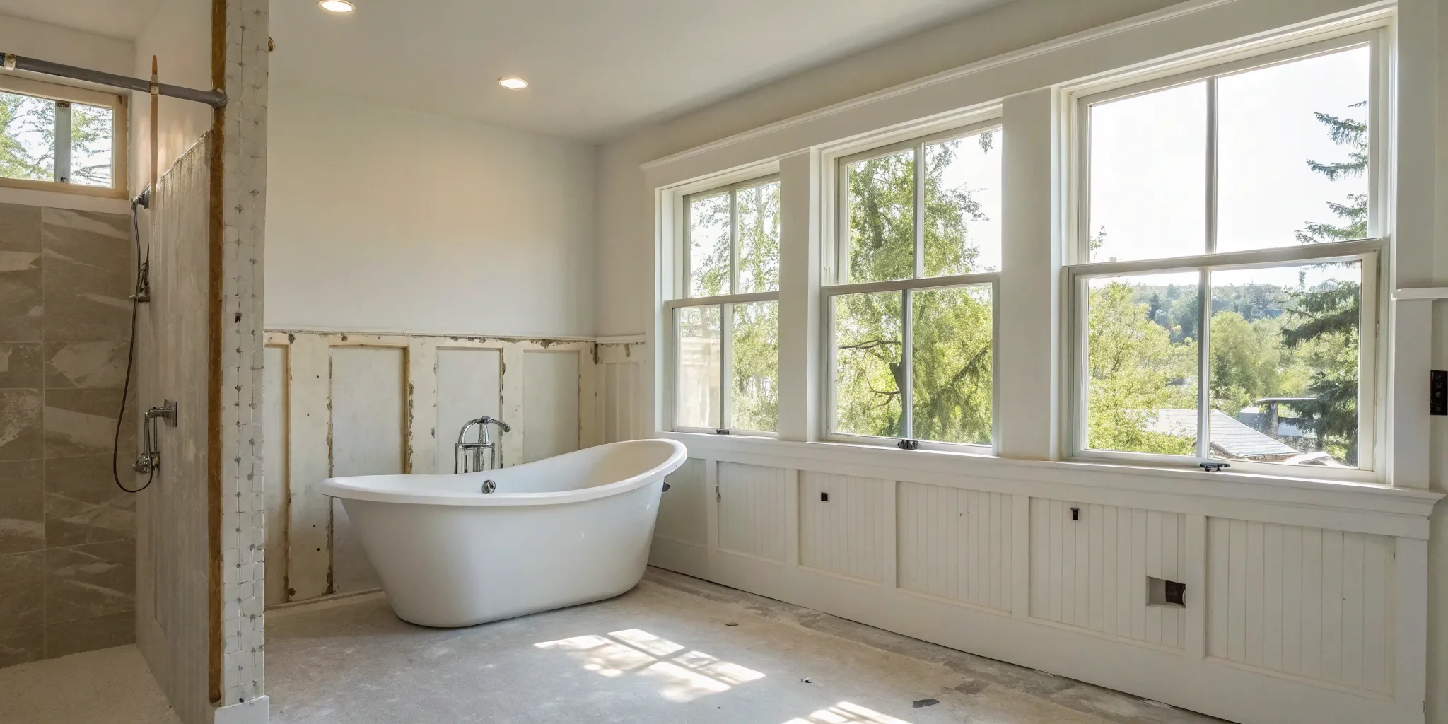 Bathroom renovation specialists remodeling a modern bathroom with a freestanding tub.
