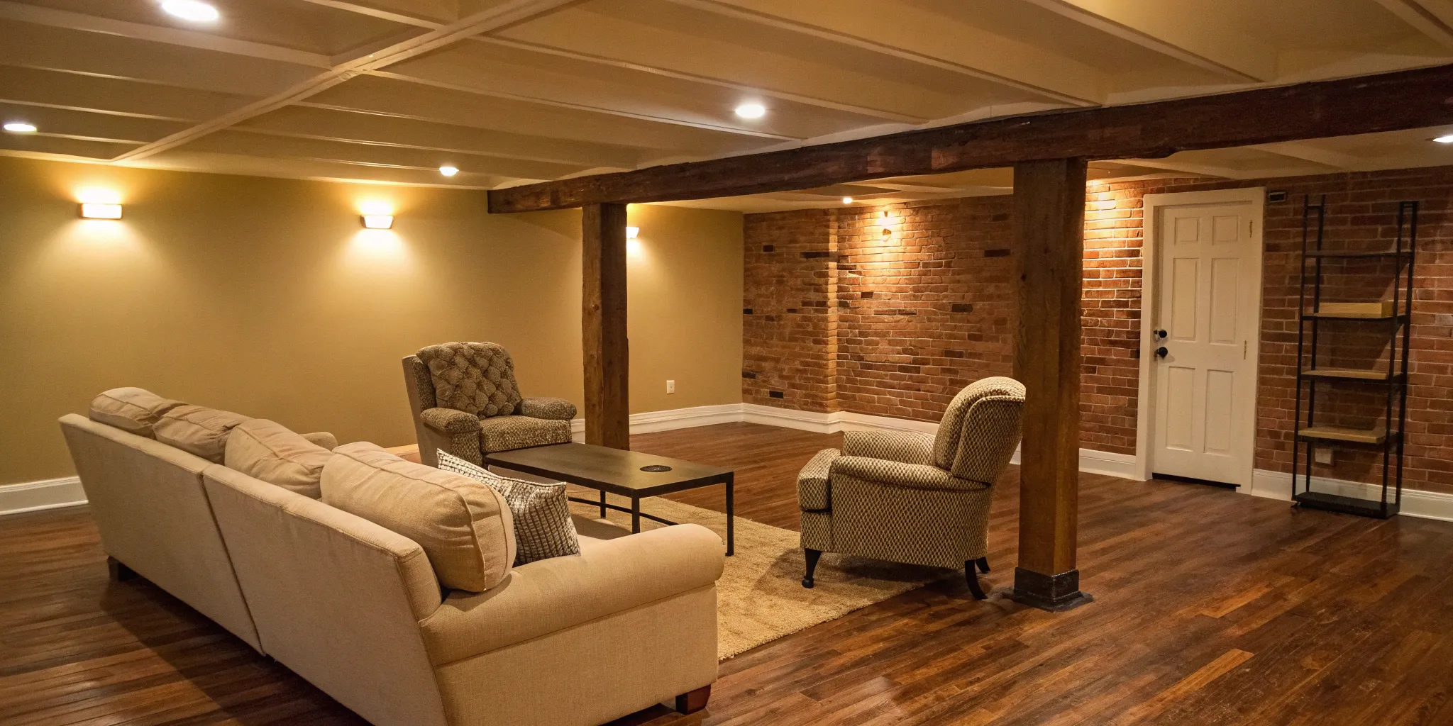 Affordable basement finishing ideas with cozy seating, exposed brick, wood beams, and budget-friendly lighting.
