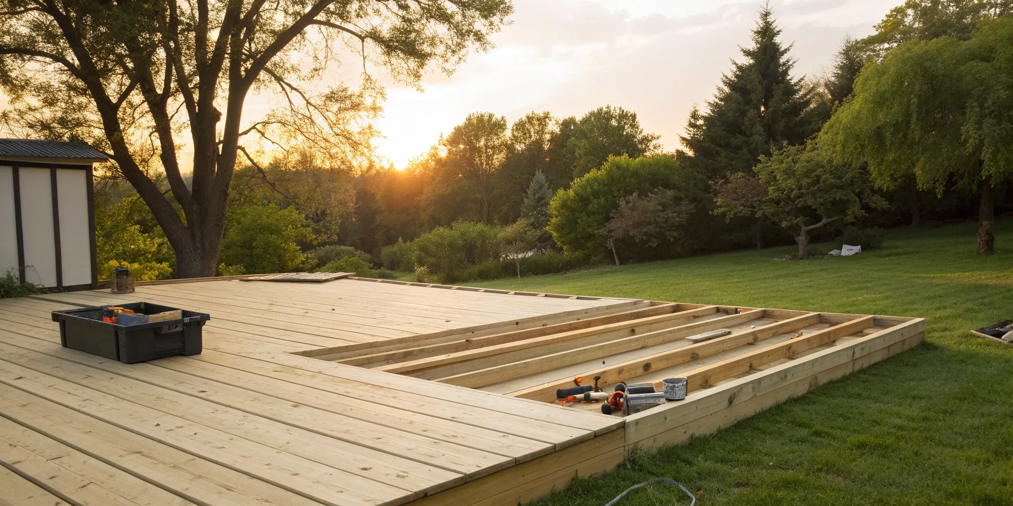 A backyard deck under construction, a primary factor in the average cost of a new deck.