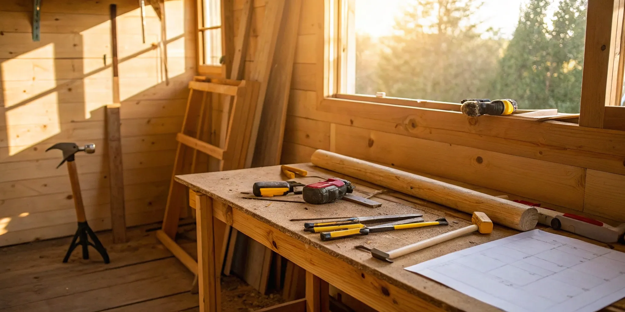 A workbench with tools and plans for DIY home construction projects.