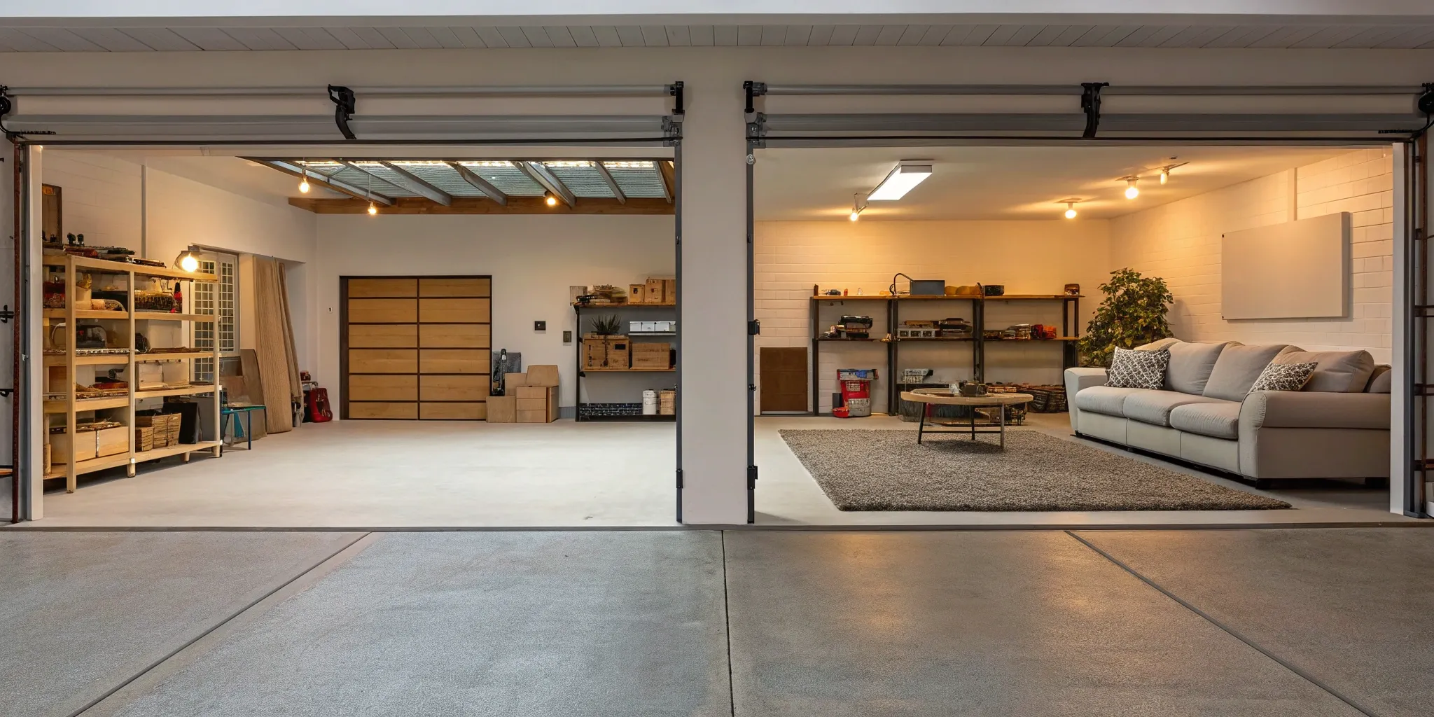 Before and after of a garage converted from storage into a cozy living space.