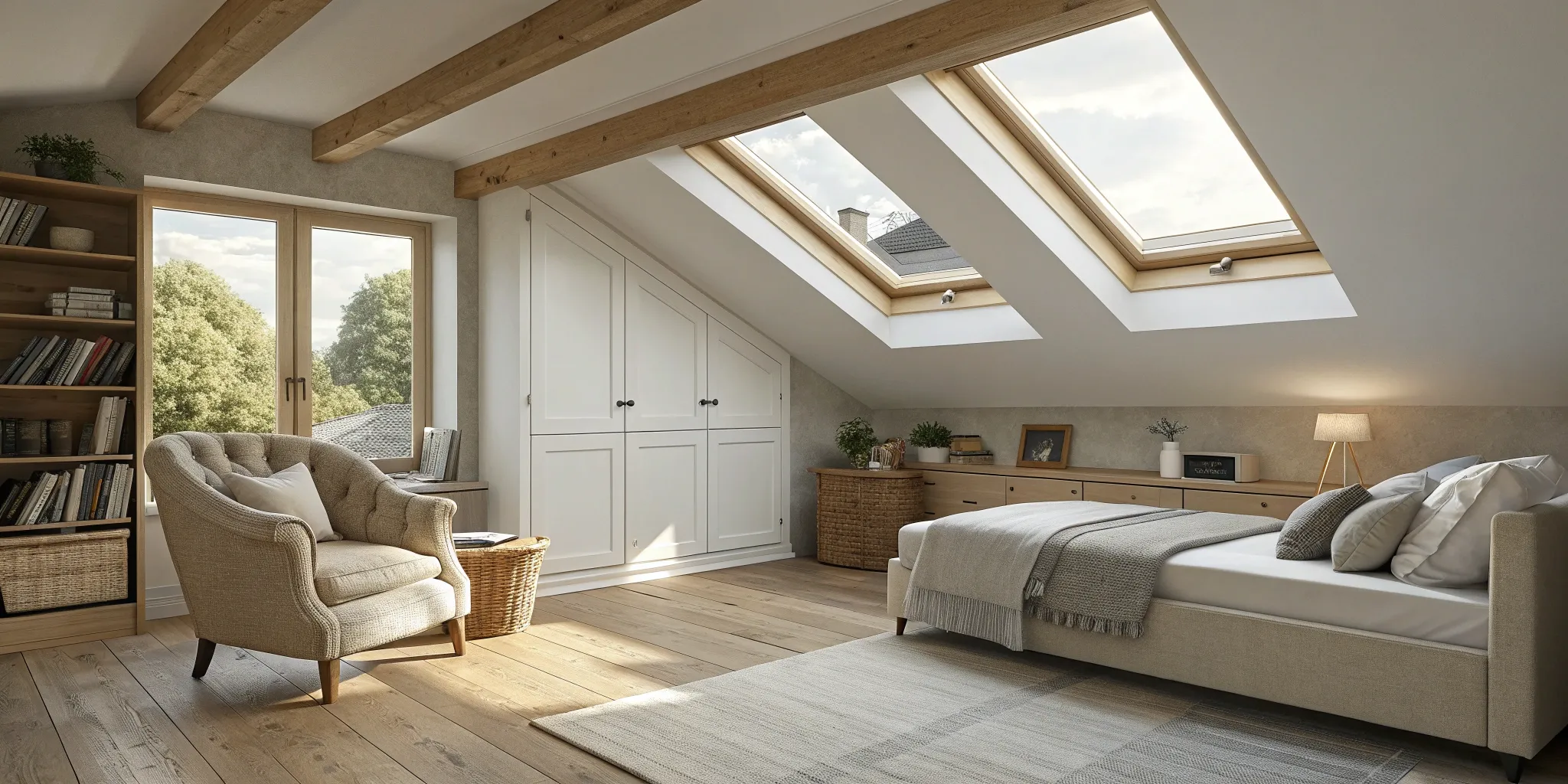 A bedroom created with a Velux loft conversion, one of the most popular types.