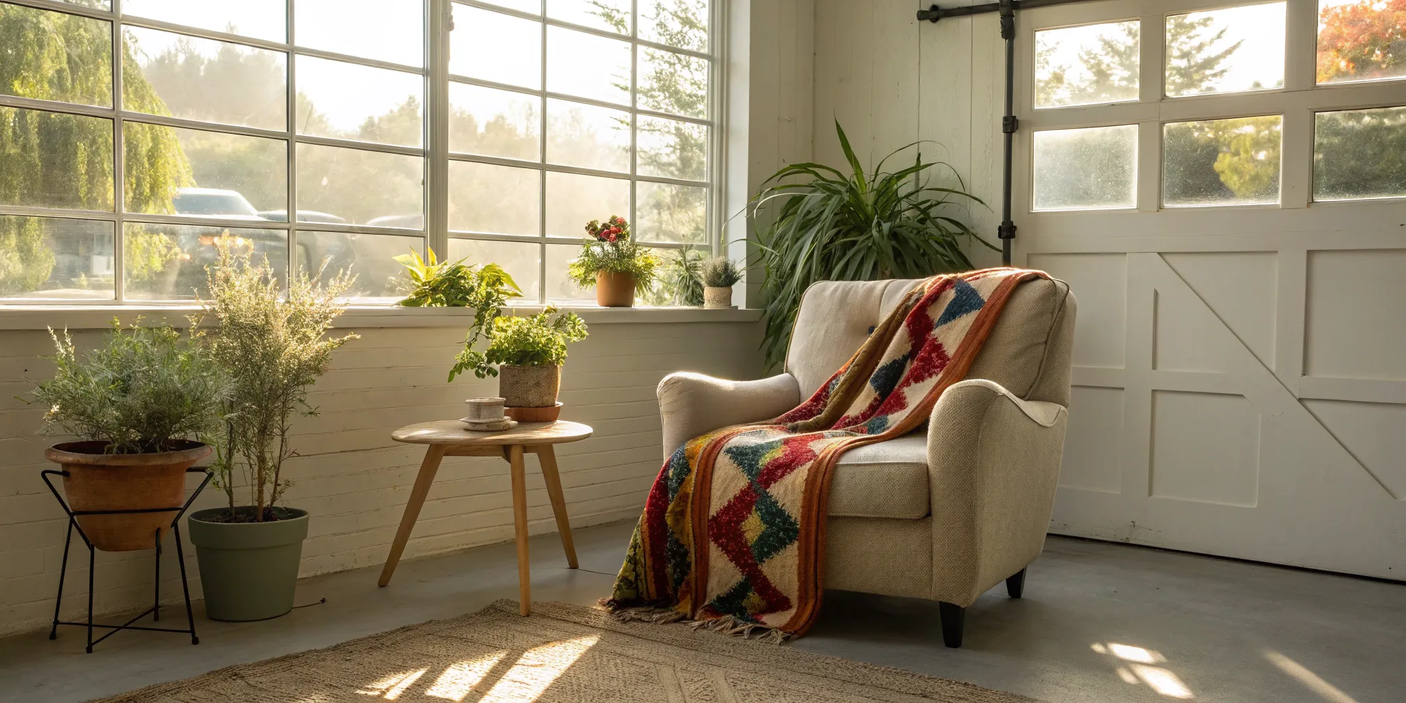 A garage conversion on a budget transformed into a cozy living space with an armchair and plants.