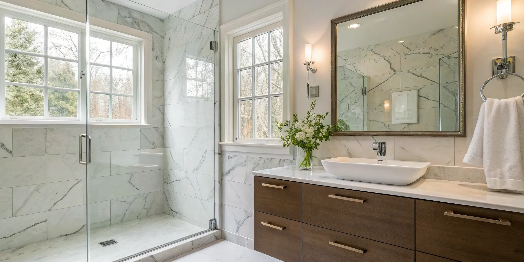 Cost to remodel a small bathroom with a modern glass shower, wood vanity, and marble tile.
