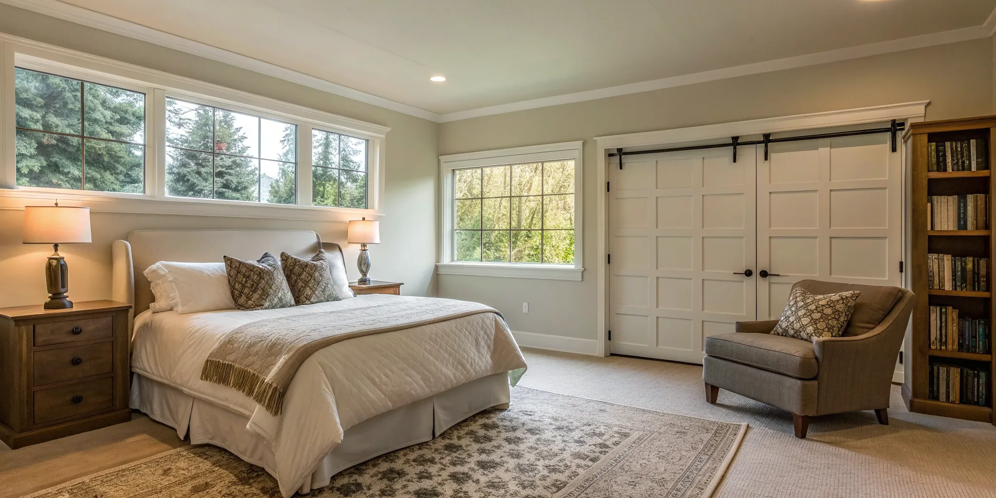 A finished master suite created by converting a garage, with large windows and a cozy seating area.