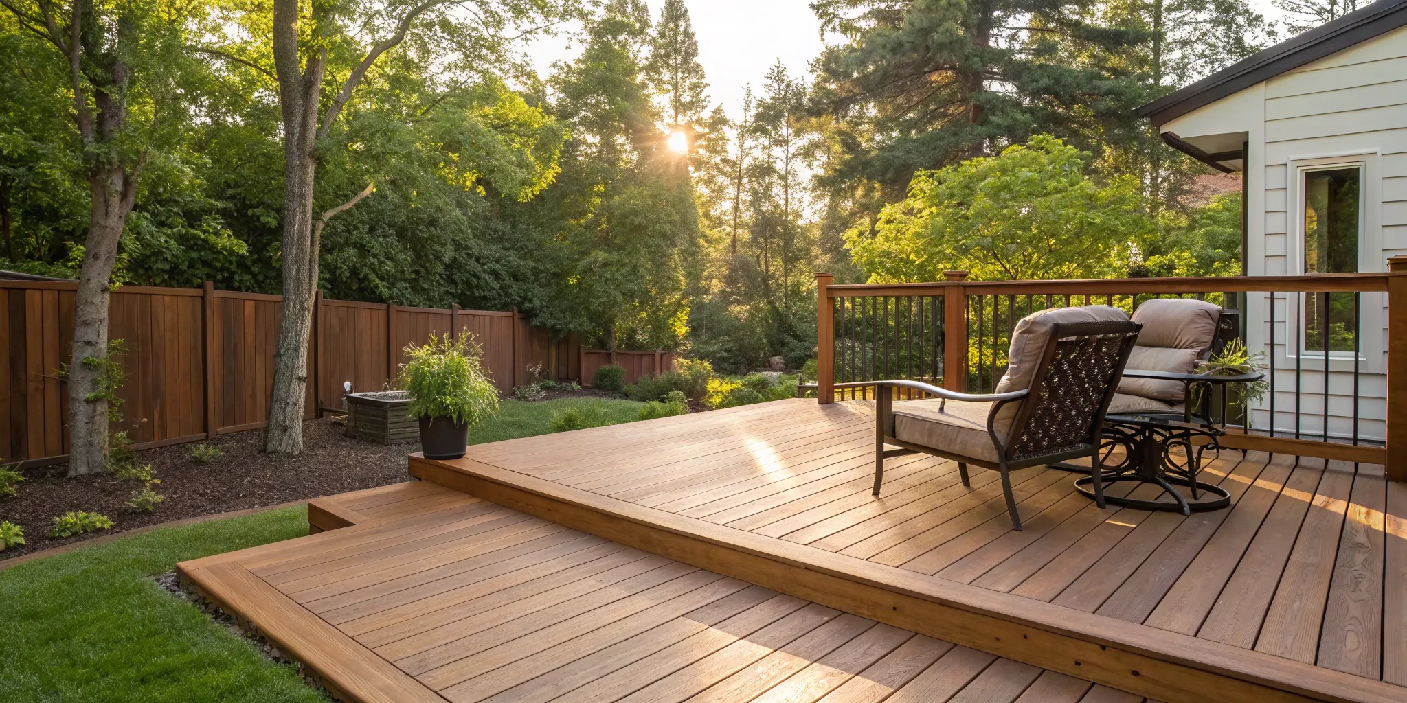 A finished wood deck, a project priced by the installation cost per square foot.