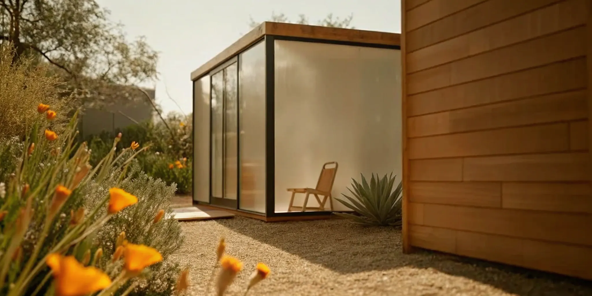 Backyard office pod with a modern design of wood and glass in a California yard.